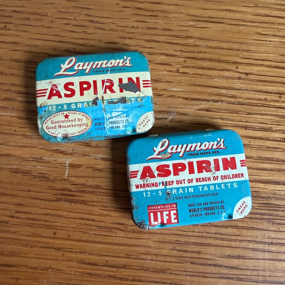 Vintage Laymon's Aspirin Tins Set of 2 World's Products Co Spencer Indiana Blue